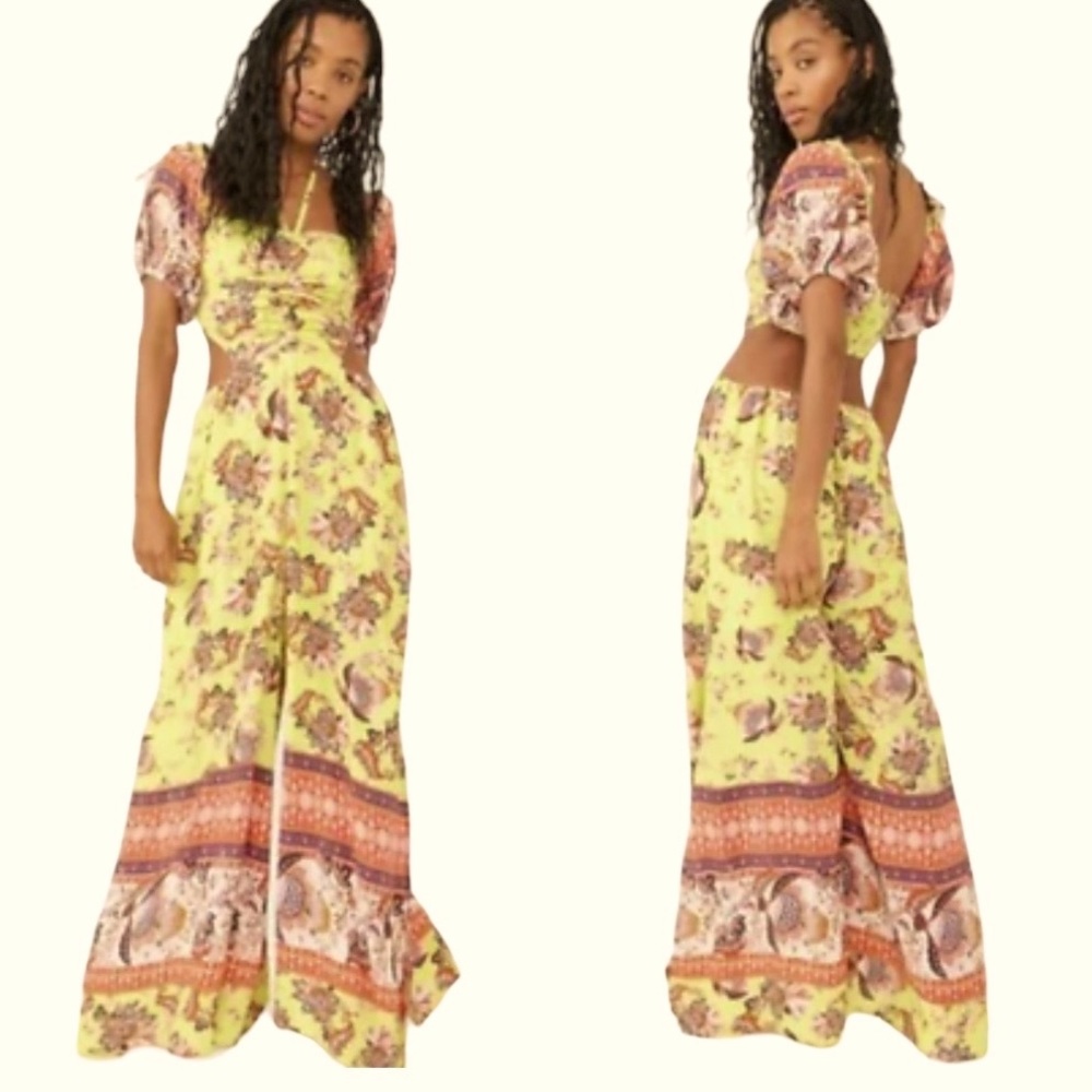 Free People Bali Citrus Skies Wide Keg Jumpsuit Size Small